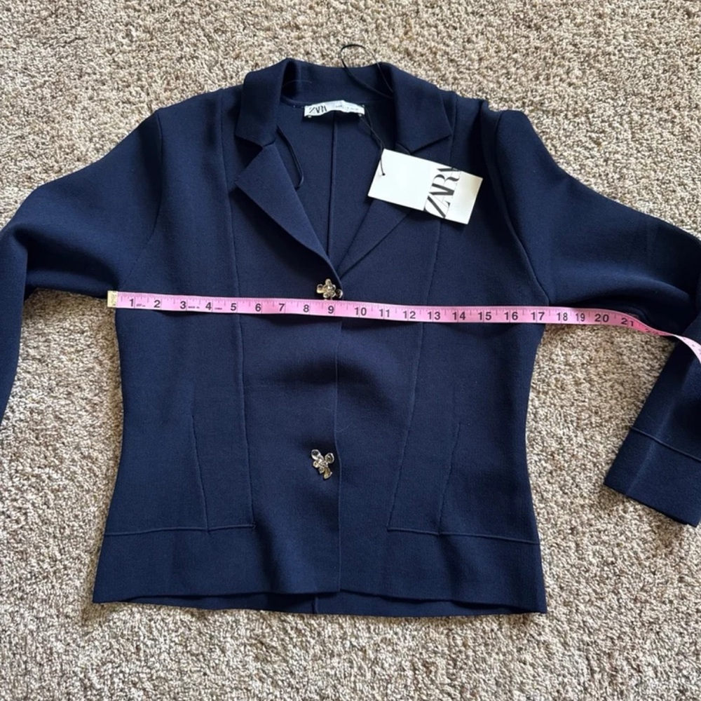 NWT Zara Flower Button Knit Cardigan Blazer Sweater in Navy Blue size Medium - Picture 11 of 12
